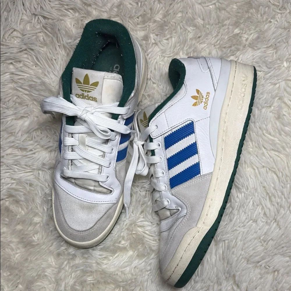 Adidas White and Blue Shoes with Gold Logo